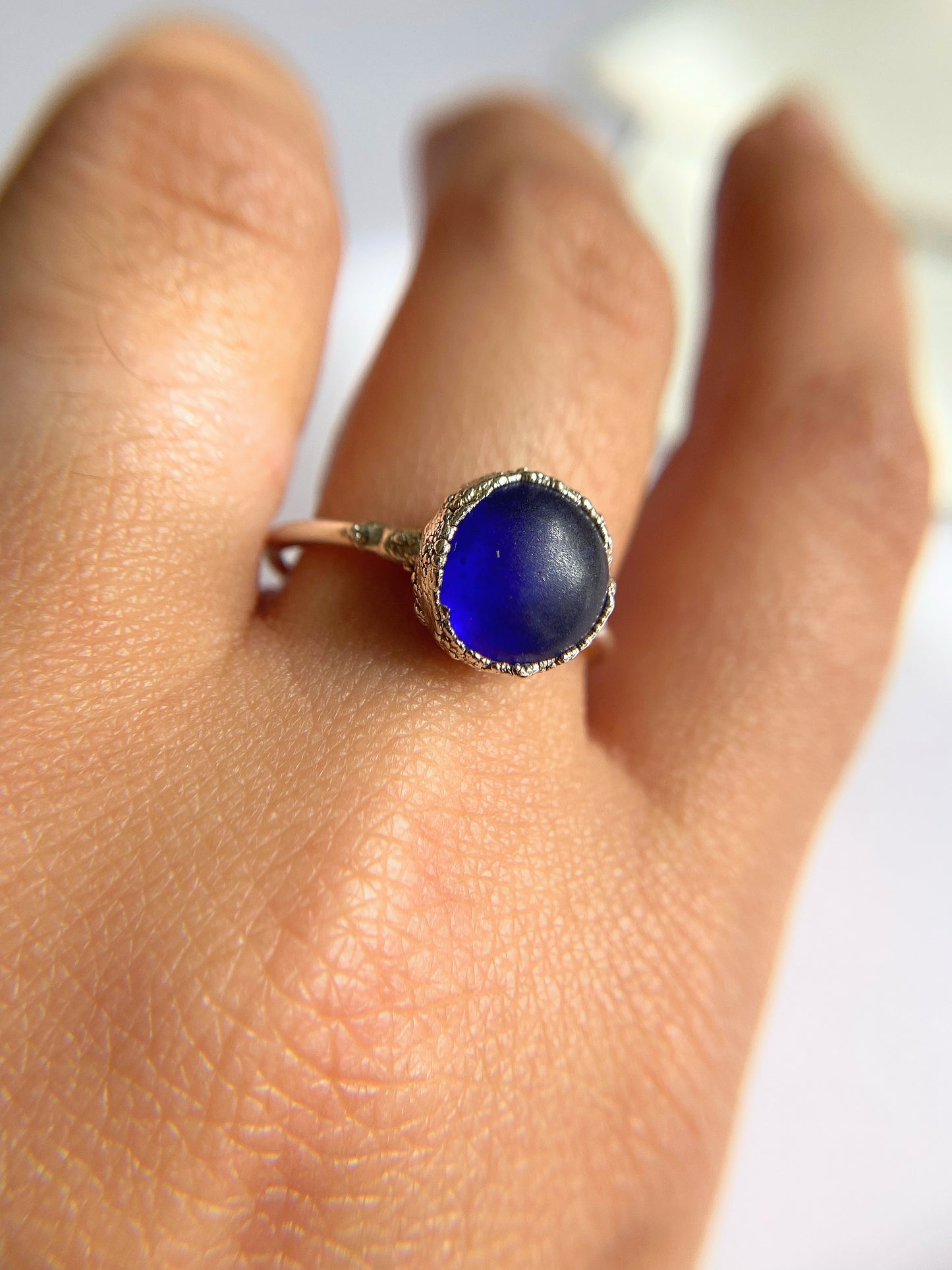 Blue Silver Sea Glass Ring Handmade in Cornwall