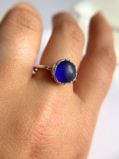 Blue Silver Sea Glass Ring Handmade in Cornwall